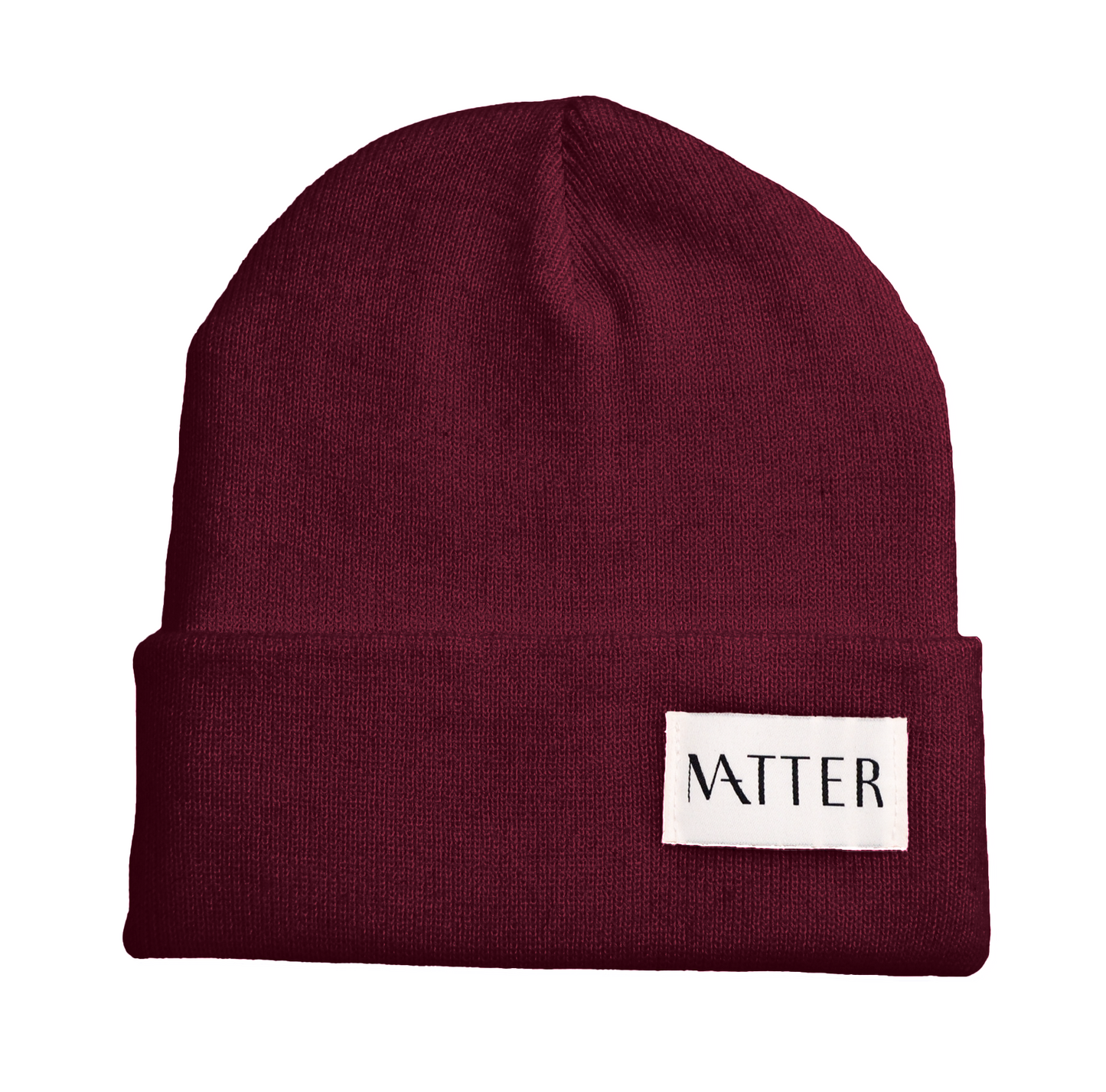 burgundy ribbed knit beanie with Matter label on folded brim