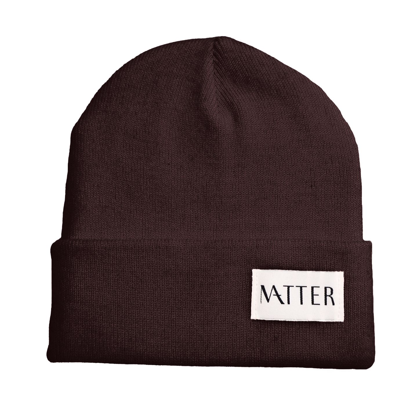 chocolate ribbed knit beanie with Matter label on folded brim