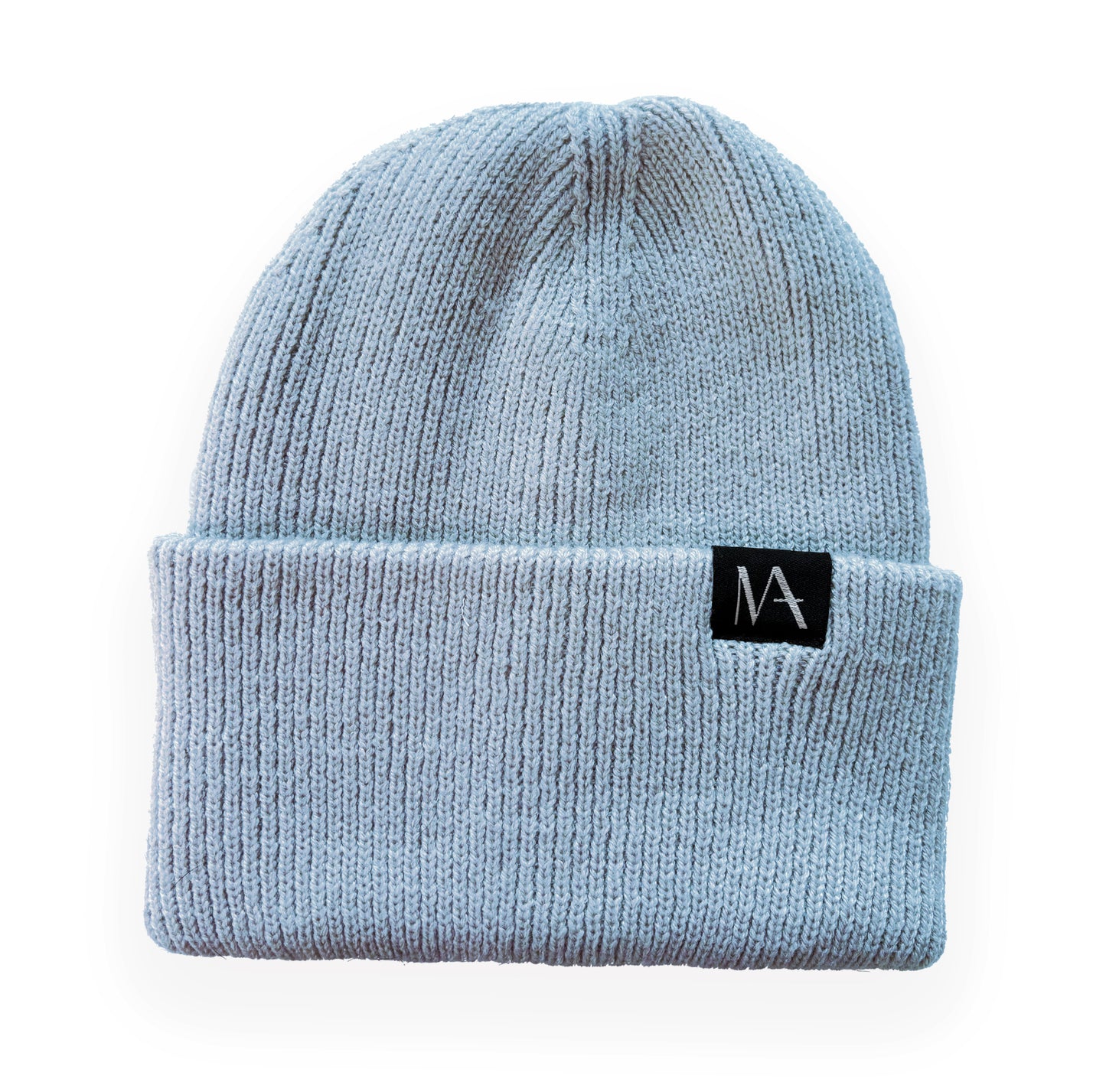 Light blue ribbed knit beanie with black WearMatter label on turned up brim