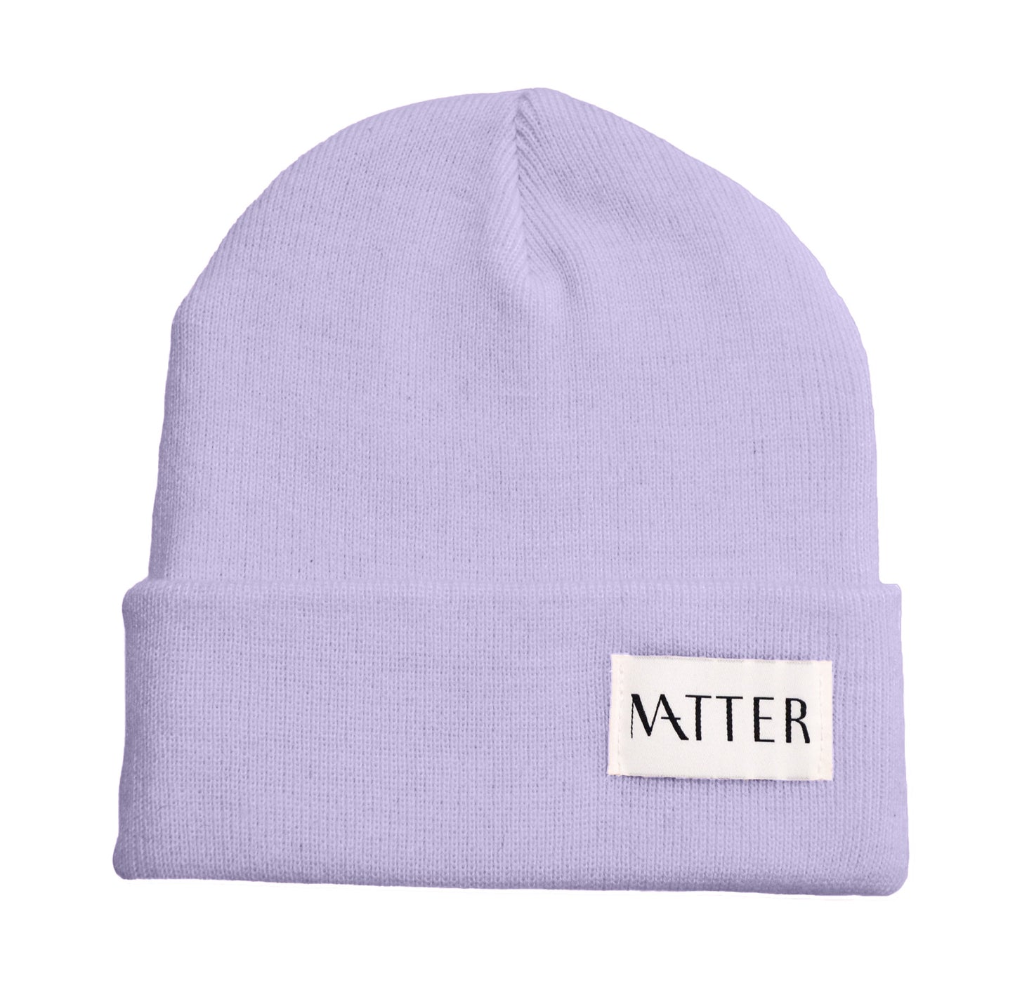 Lilac knit beanie with turned-up brim and woven Matter label on front