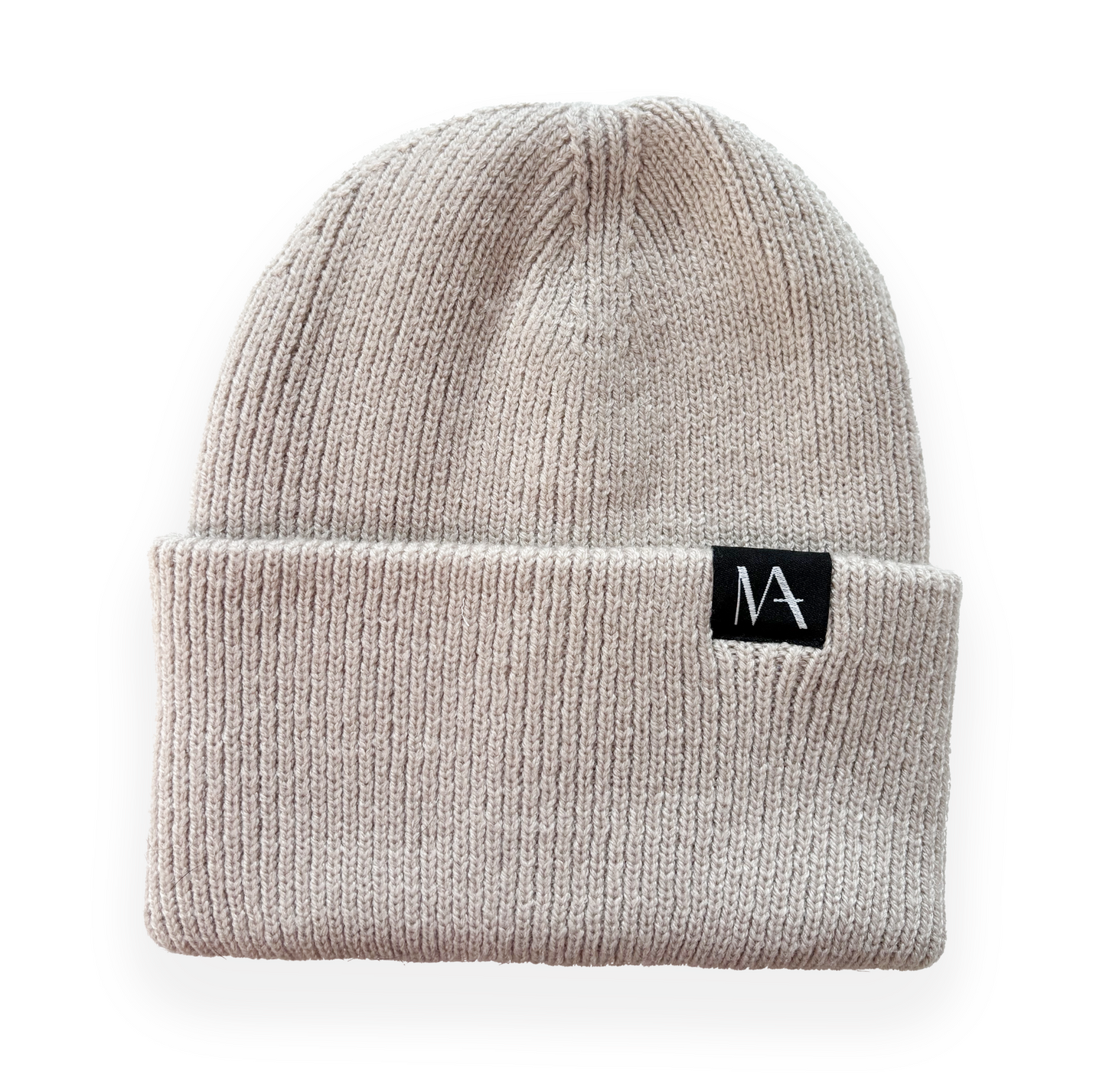 Sand coloured ribbed knit beanie with black WearMatter label on folded brim
