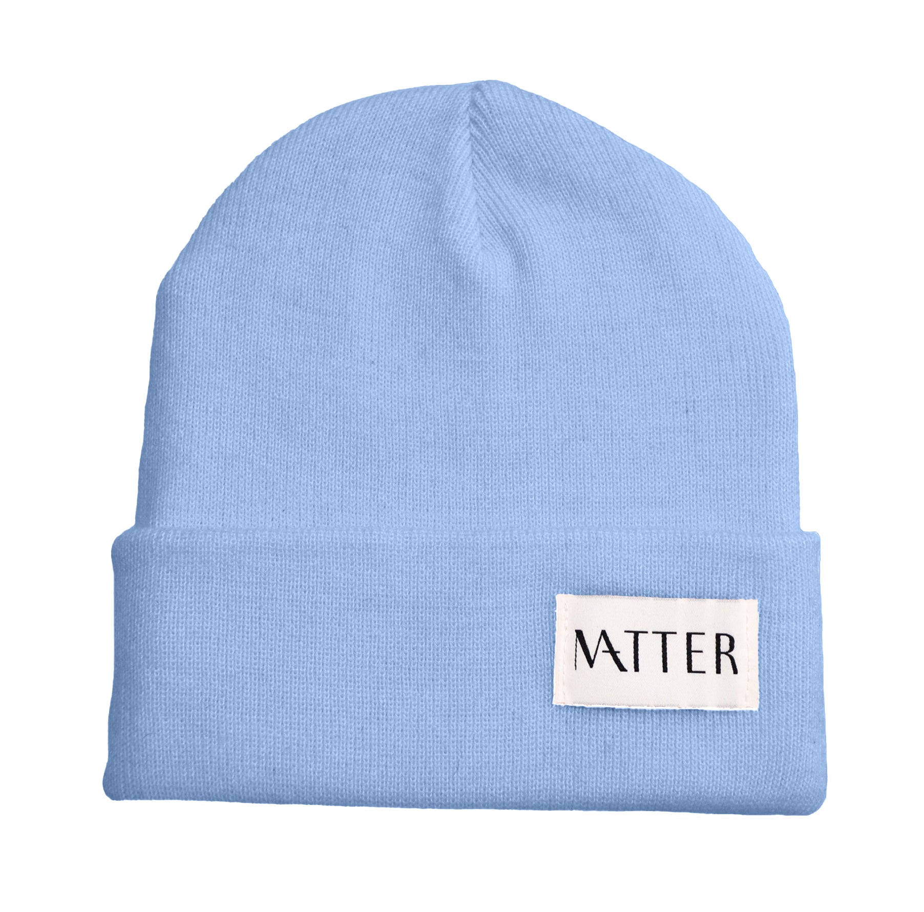 sky blue beanie with turned-up brim and woven Matter label on front