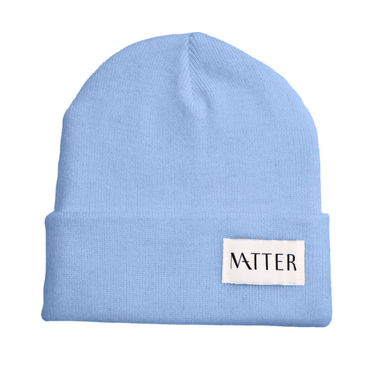 sky blue beanie with turned-up brim and woven Matter label on front