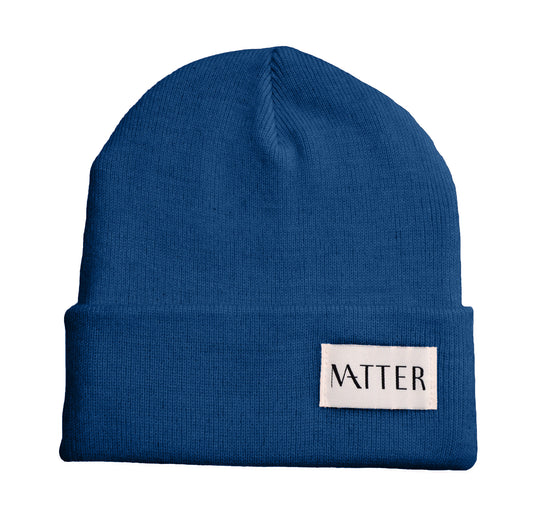 blue ribbed knit beanie with Matter label on folded brim