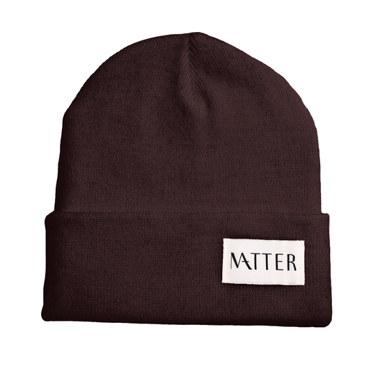 chocolate ribbed knit beanie with Matter label on folded brim