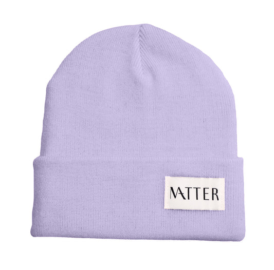 Lilac knit beanie with turned-up brim and woven Matter label on front
