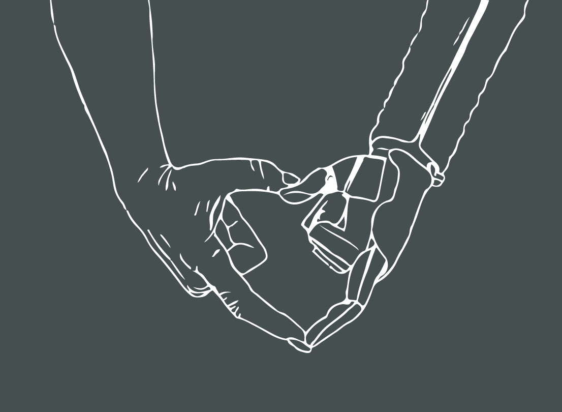 Line drawing of two hands forming a heart, one natural and one prosthetic, on a dark green background
