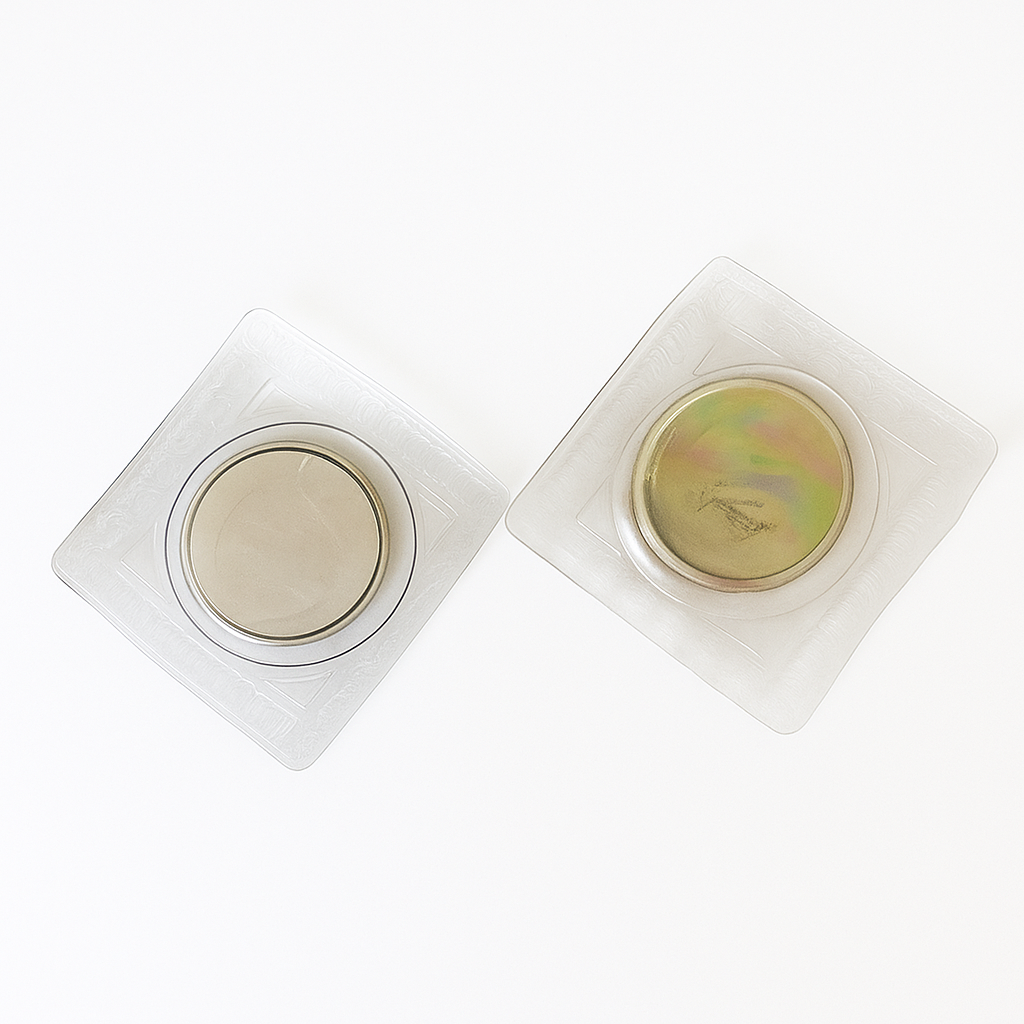 One pair of adaptive sew-in magnetic fasteners for clothing, shown in clear square casings on a white background. The round silver and gold-toned magnets create an easy-to-use closure for adaptive garments and inclusive fashion sewing projects.